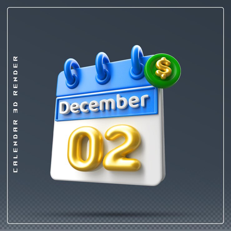 PSD calendario del 2 de diciembre con representación 3d del icono del dólar