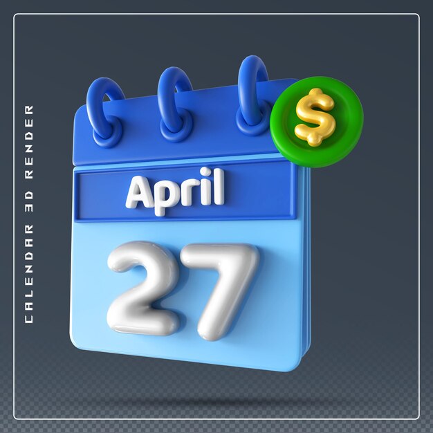 PSD calendario del 27 de abril con representación 3d del icono del dólar