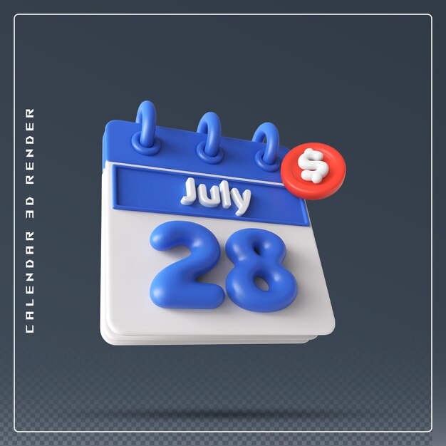 Calendario del 28 de julio con representación 3D del icono del dólar