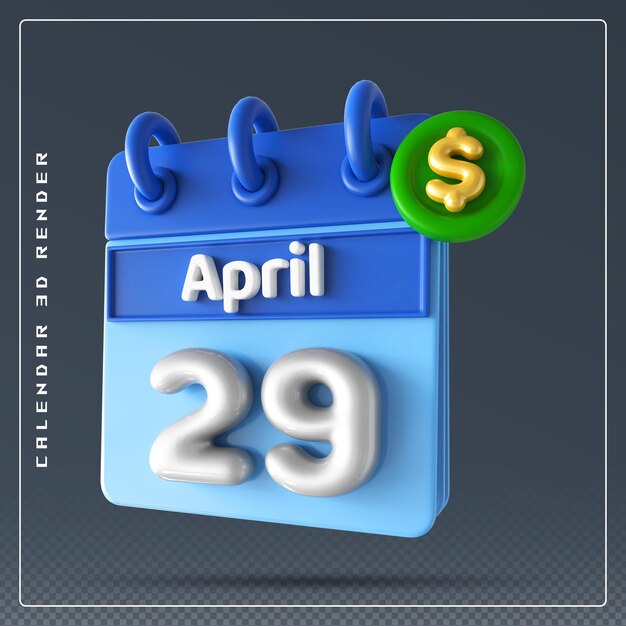 PSD calendario del 29 de abril con representación 3d del icono del dólar