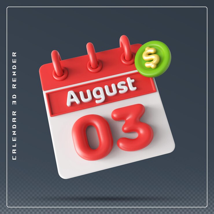 PSD calendario 3 de agosto día con icono de dólar renderizado 3d