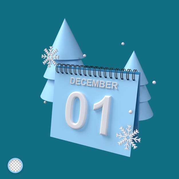 PSD calendario 3d del 01 de diciembre con adornos de árboles y destellos con concepto de invierno