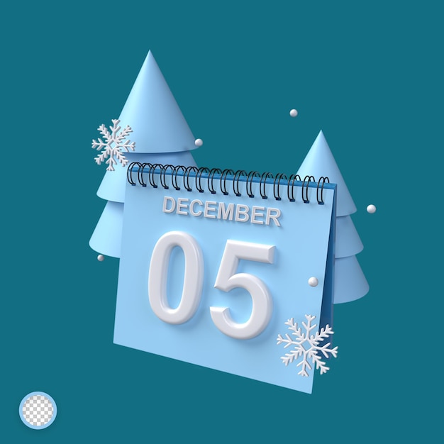 PSD calendario 3d del 05 de diciembre con adornos de árboles y destellos con concepto de invierno