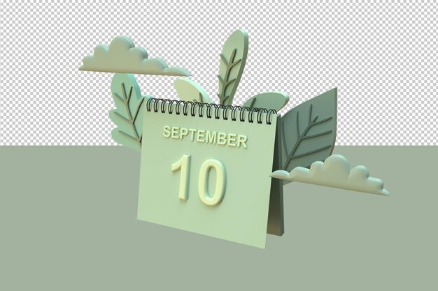 Calendario 3d el 10 de septiembre con adornos de hojas y nubes con concepto de otoño