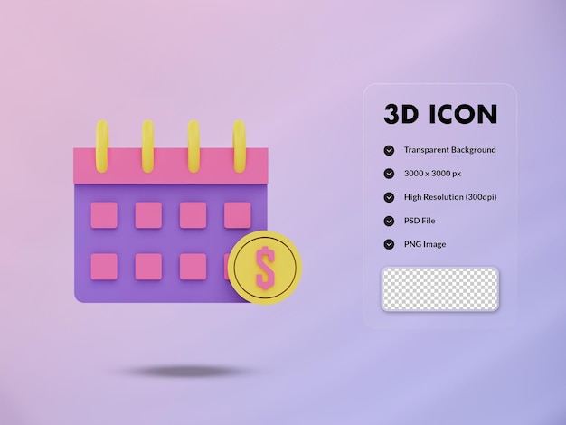 Calendário 3d e ícone de moeda de dólar 3d render ilustração