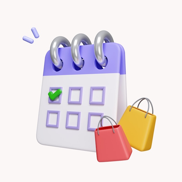 Calendario 3d con signo de verificación y bolsa de compras concepto de día de venta especial icono de recordatorio de día de gran venta aislado sobre fondo blanco ilustración de representación 3d Trazado de recorte