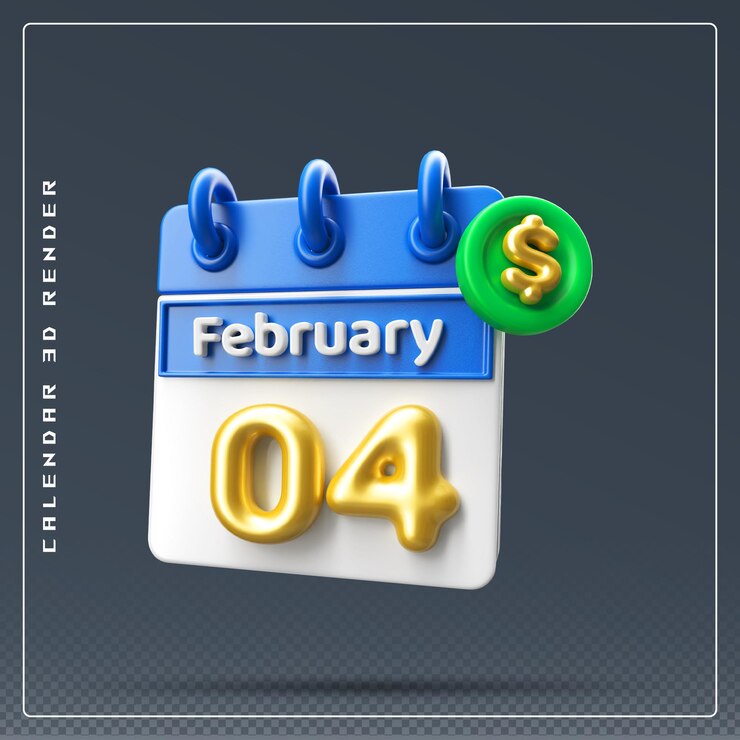 PSD calendario del 4 de febrero con icono de dólar 3d render