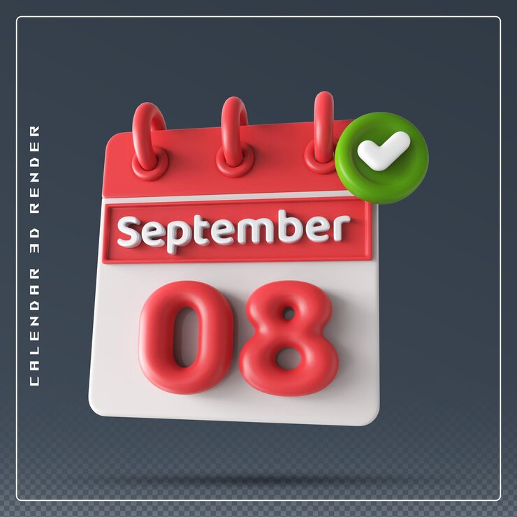 PSD calendario del 8 de septiembre con icono de lista de verificación renderizado 3d