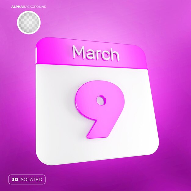 Calendário 9 de março 3d premium psd