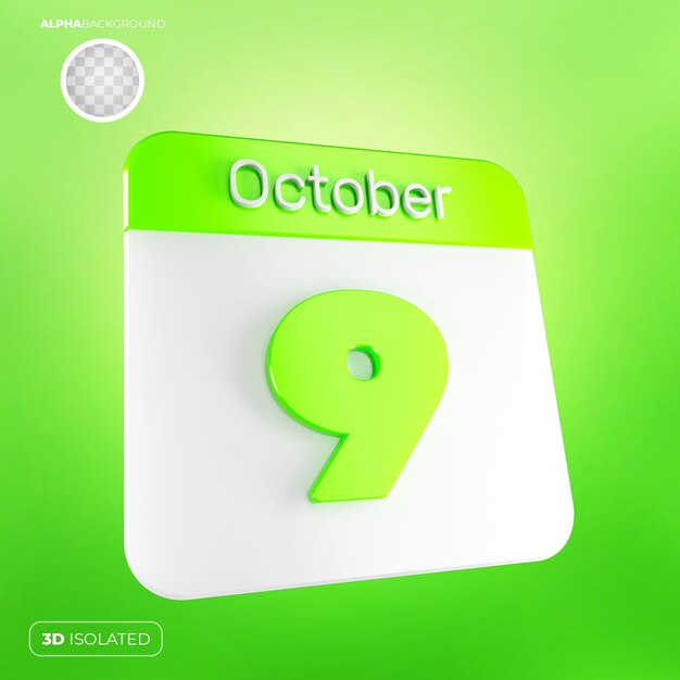 Calendário 9 de outubro 3d premium psd