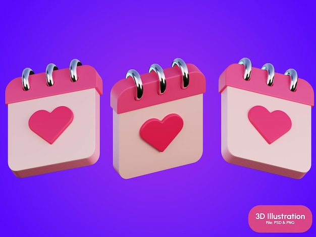 PSD calendario de amor ilustración 3d de amor y romance