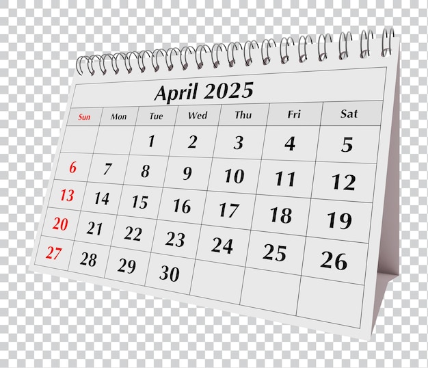 Calendario aprile 2025 Pagina dell'annuale business desk mese calendario primaverile isolato su psd trasparente