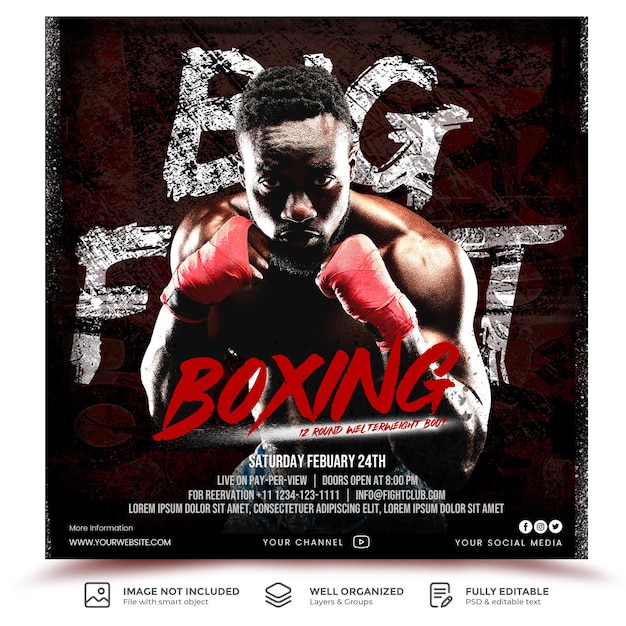 Calendario de combates de boxeo plantilla de publicación en redes sociales