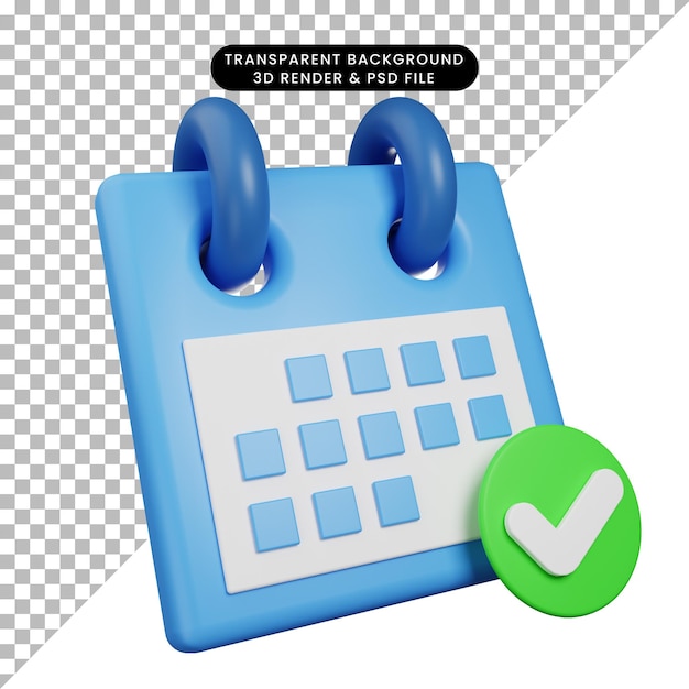 Calendario de concepto de tiempo de ilustración de icono de procesamiento 3d con icono de lista de verificación