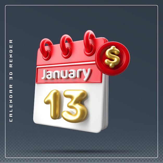 Calendário de 13 de janeiro com ícone de dólar em 3d
