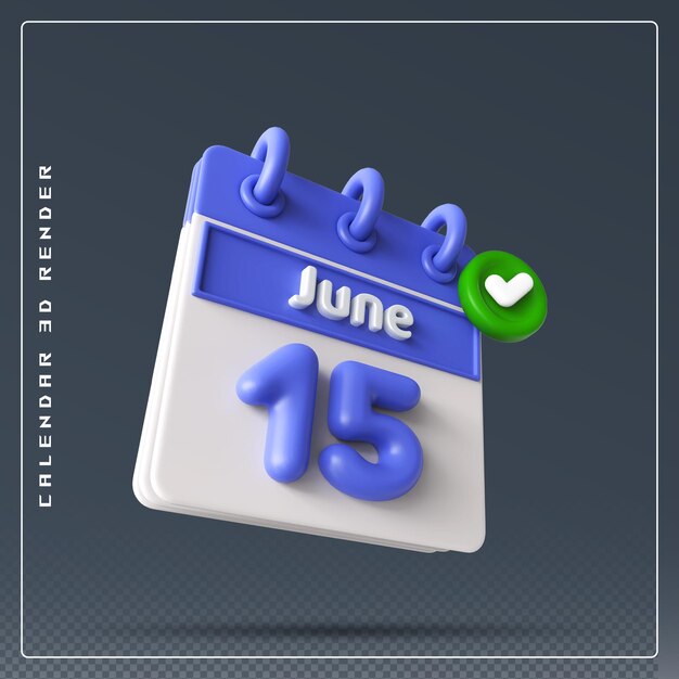 PSD calendário de 15 de junho com ícone de lista de verificação renderização em 3d