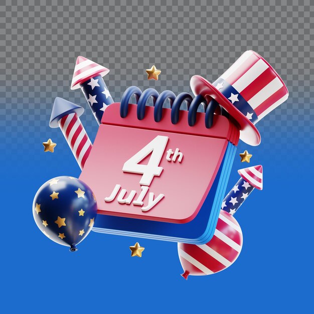 PSD calendário de 4 de julho com balões, fogos de artifício e ilustração 3d de chapéu