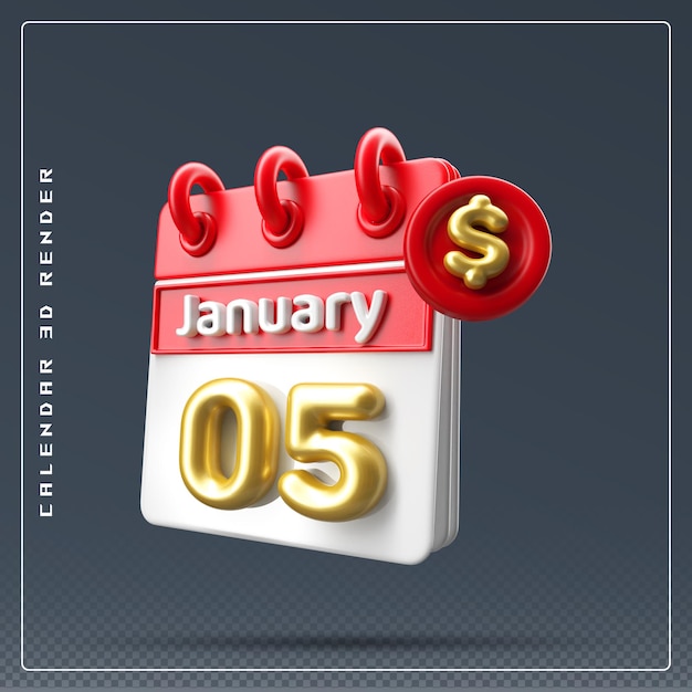 Calendário de 5 de janeiro com ícone de dólar em 3d