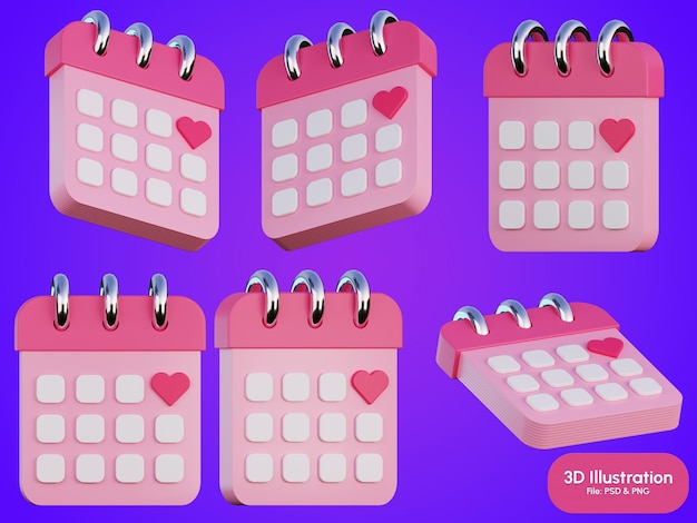 Calendário de amor Ilustração 3D de amor e romance