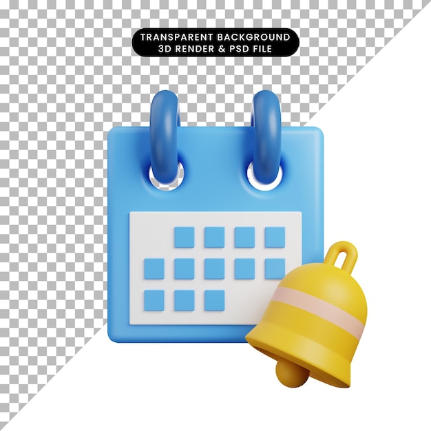 Calendário de conceito de tempo de ilustração de ícone de renderização 3d com ícone de sino