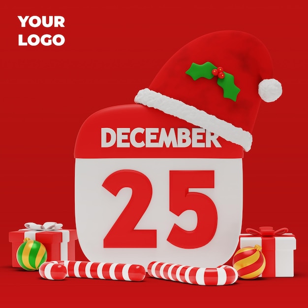 PSD calendário de data de natal de renderização 3d