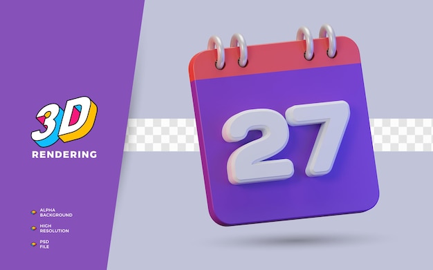 Calendário de renderização 3d de 27 dias para lembrete diário ou programação