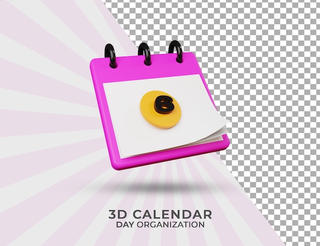 Calendário de renderização 3d para data de organização e dia 06