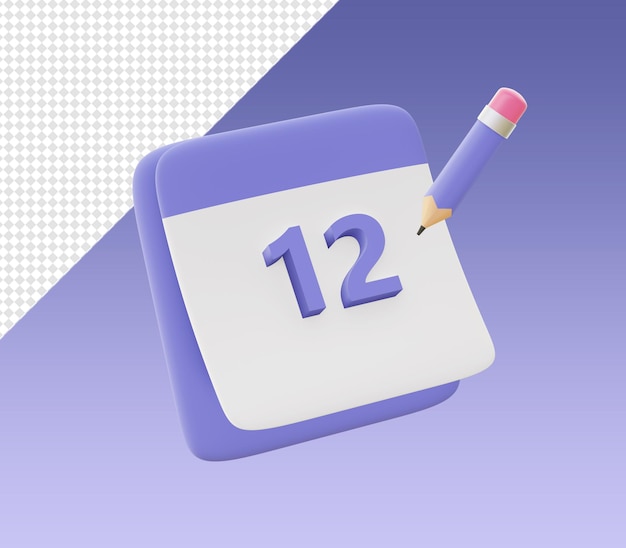 Calendario di rendering a fumetti 3D con icone a forma di matita per i progetti di social media di app mobili web UI UX
