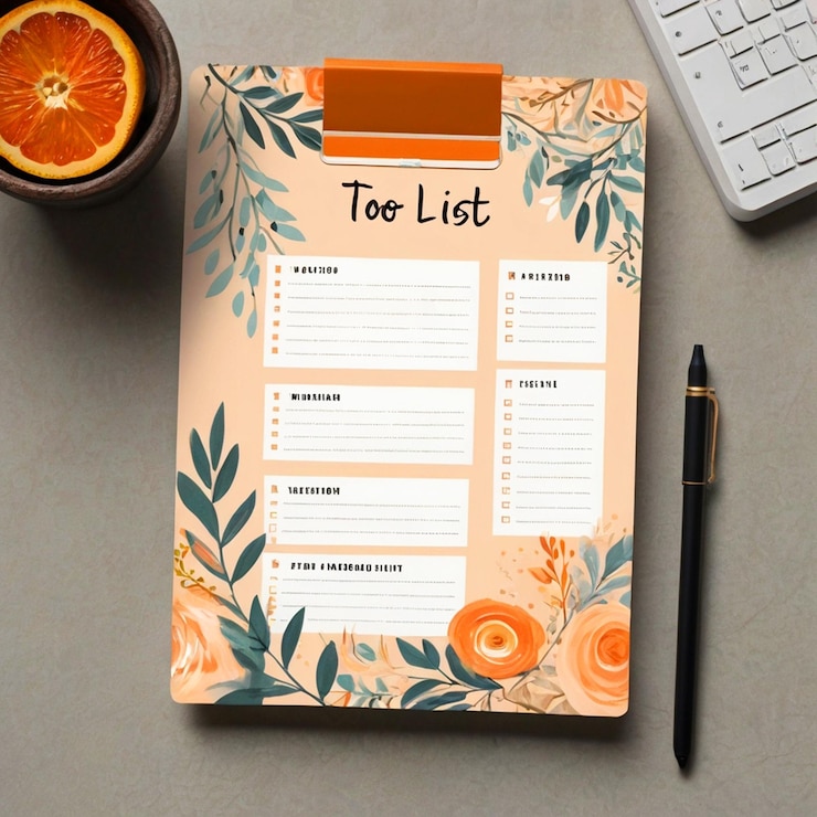PSD un calendario con un diseño de flores en él y un teclado en la mesa