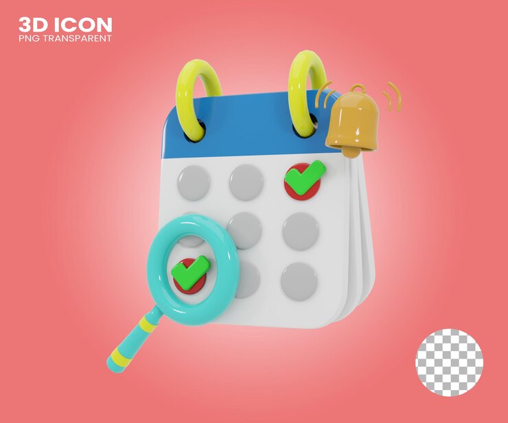 Calendário do ícone 3d, notificação de sino e com fundo transparente