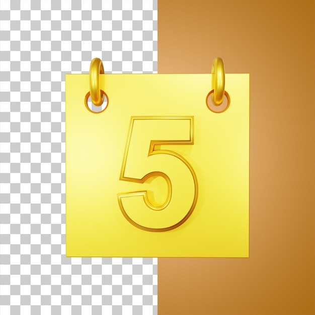 Calendário dourado dia 5 do mês renderização em 3d