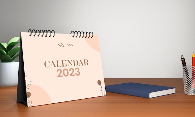 PSD calendario de escritorio anual 3d 2023 con maceta de libro sobre fondo gris y marrón