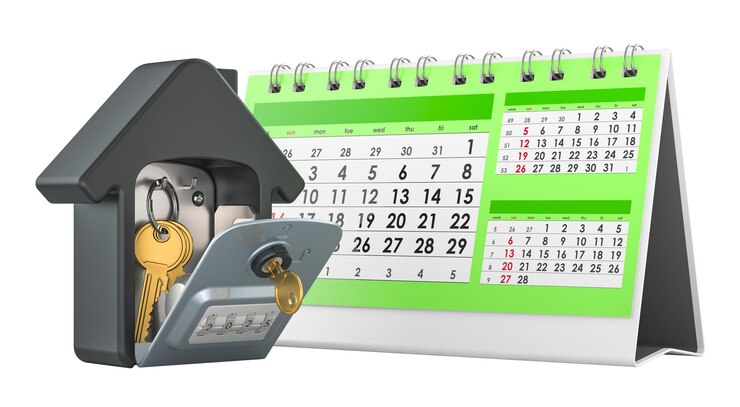 PSD calendario de escritorio con caja de bloqueo de seguridad para el almacenamiento y transferencia de llaves renderización 3d aislado en fondo transparente