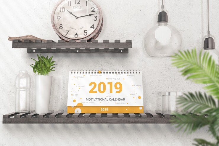 PSD calendario de escritorio en maqueta de madera estante