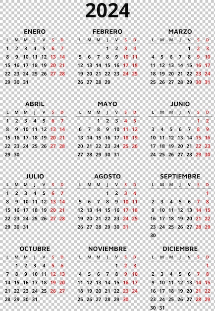 Calendario español para el año 2024 ilustración png imprimible para españa 12 meses vertical