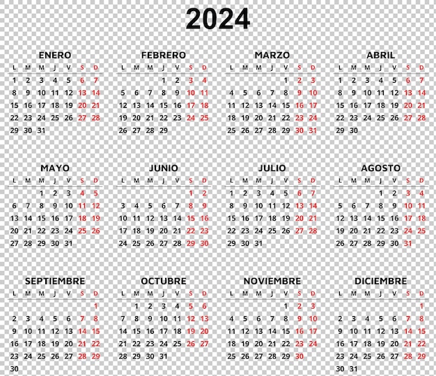 PSD calendario español para el año 2024 ilustración psd imprimible para españa 12 meses horizontal