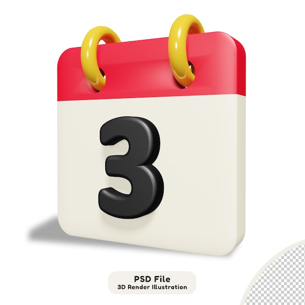 Calendario con fecha número 3 aislado 3d render ilustración