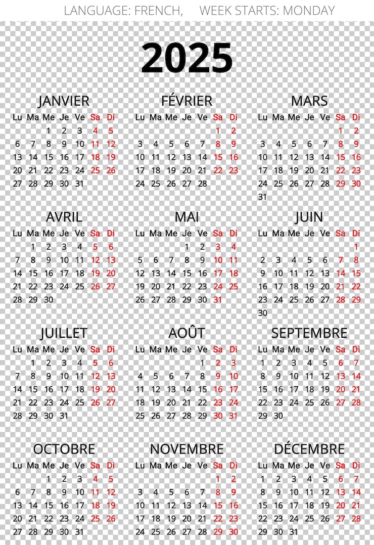 PSD calendario francese per il 2025 illustrazione psd semplice stampabile per la francia
