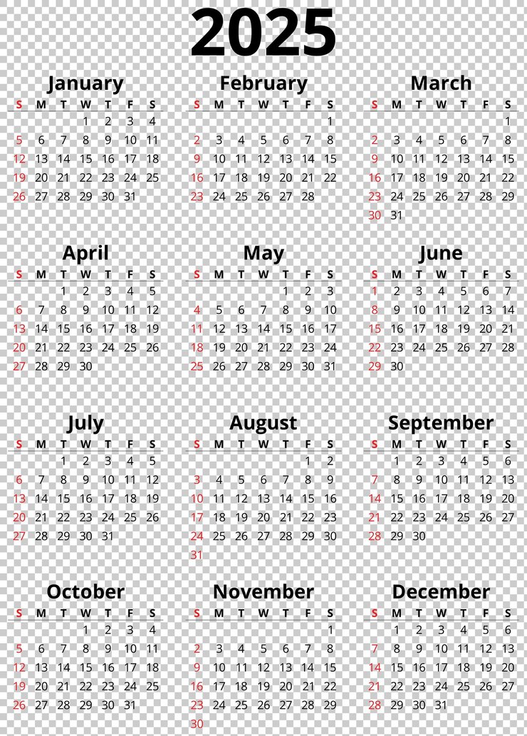PSD calendário imprensável em inglês para o ano de 2025 moderno modelo vetorial