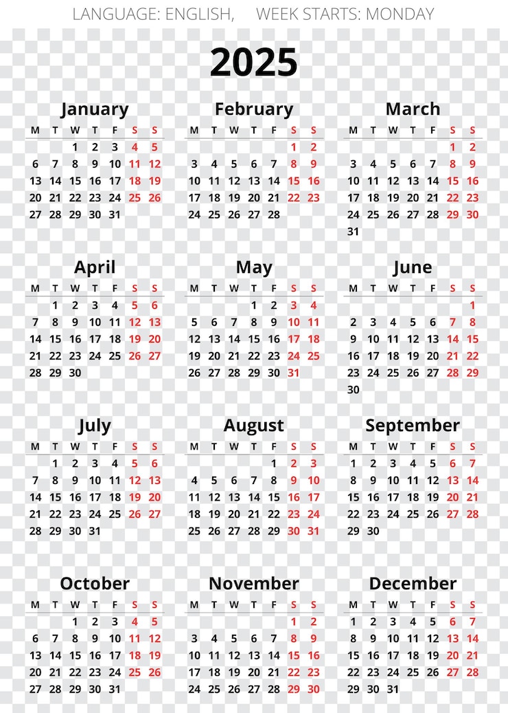 PSD calendario inglese per l'anno 2025 con illustrazione trasparente psd di 12 mesi
