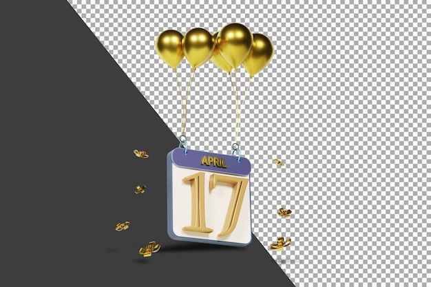 Calendario mes 17 de abril con globos dorados render 3d aislado