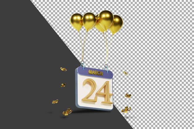 Calendario mes 24 de marzo con globos dorados representación 3d aislada