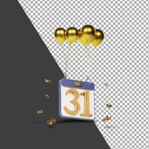 Calendario mes 31 de mayo con globos dorados render 3d aislado