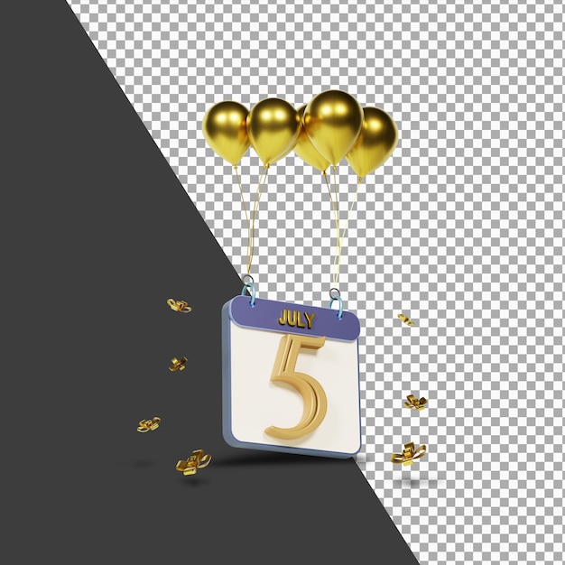 Calendario mes 5 de julio con globos dorados representación 3d aislada