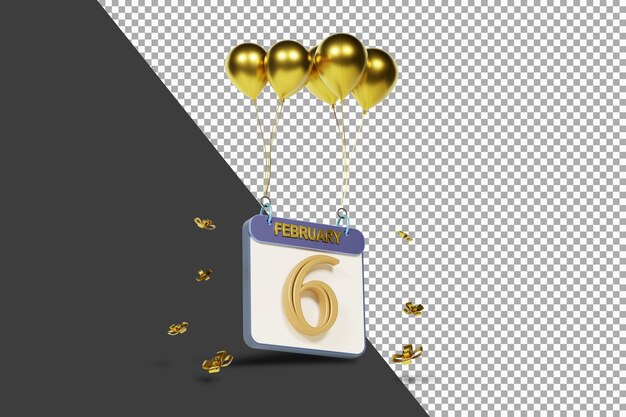 Calendario mes 6 de febrero con globos dorados render 3d aislado