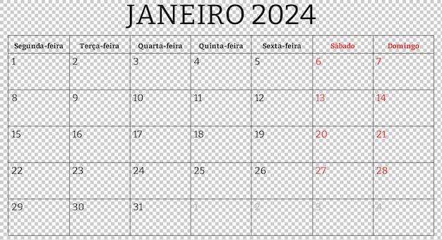 Calendario del mes portugués de enero de 2024 ilustración imprimible de psd su negocio en portugal