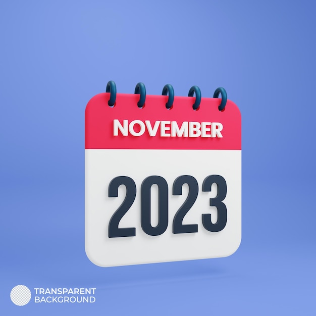 Calendario de noviembre de 2023 Ilustración 3D renderizada