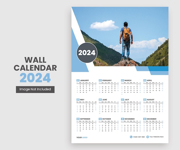 PSD calendario de pared moderno 2024 con diseño de una sola página.