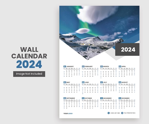 Calendario de pared moderno 2024 con diseño de una sola página.