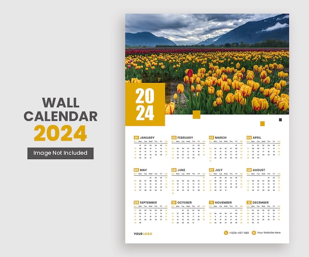 PSD calendario de pared moderno 2024 con diseño de una sola página.